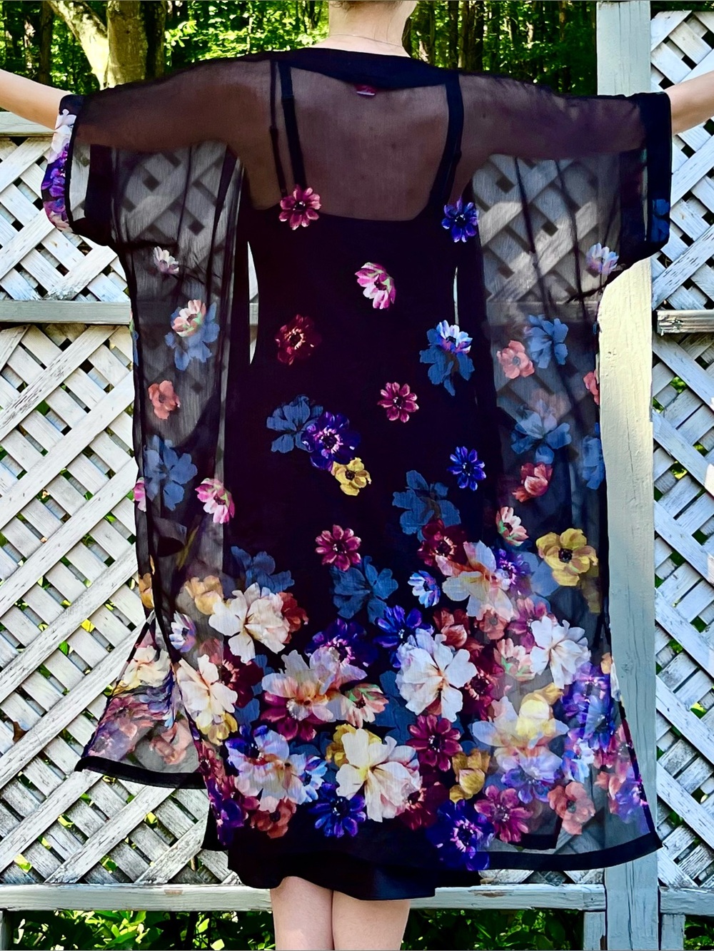 Black Sheer Floral Romantic Whimsigoth Boho Duster Kimono w/ Pockets One Size
